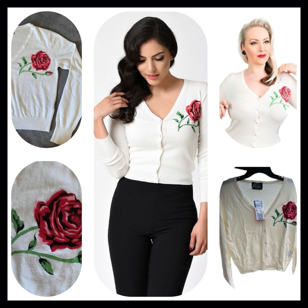 US10 Heart & Roses Ivory Knit & Red Rose Long Sleeve Button Up Cardigan